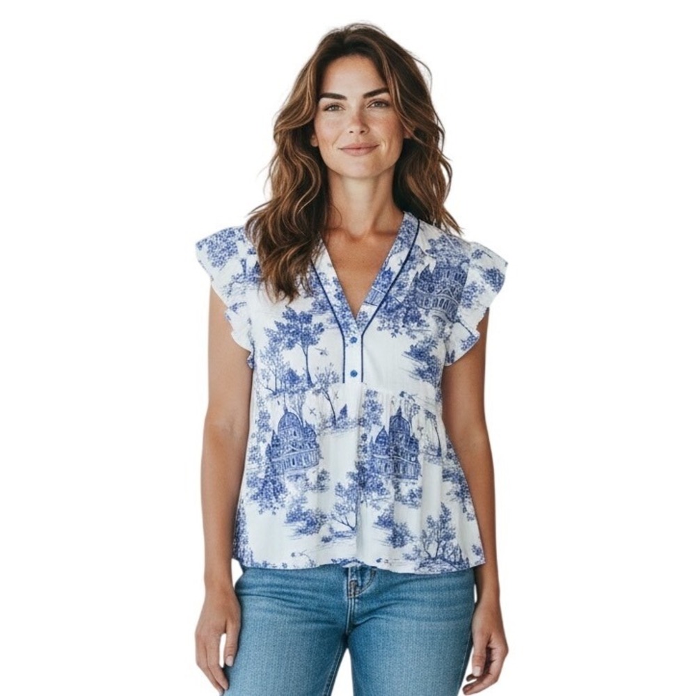 Umgee USA Women Blue White Toile Cotton Ruffle Cap Sleev Blouse L Chic Victorian